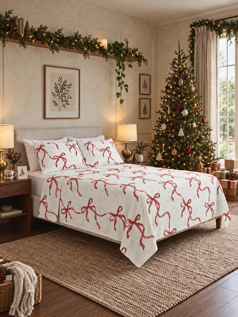 Westside Home Red Bow Printed Queen Bed Sheet Set