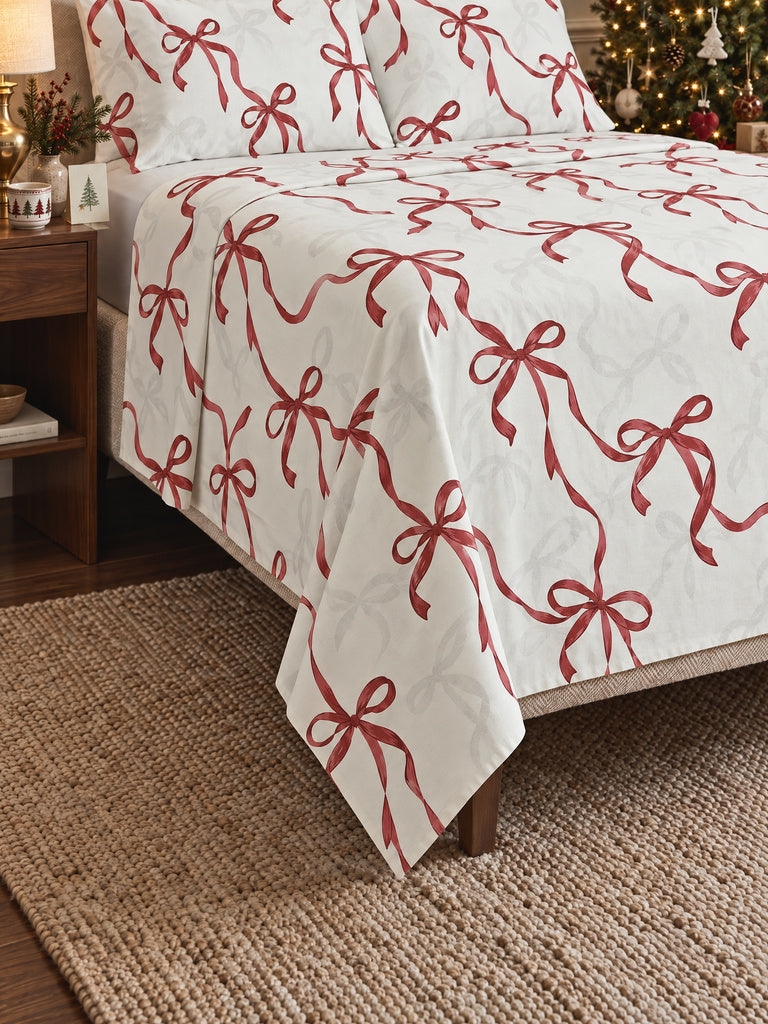 Westside Home Red Bow Printed Queen Bed Sheet Set