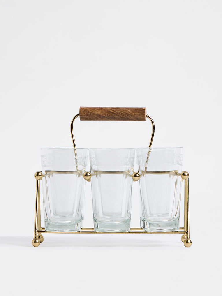 Westside Home Gold Metal Chai Caddy with Glasses - Set of 6