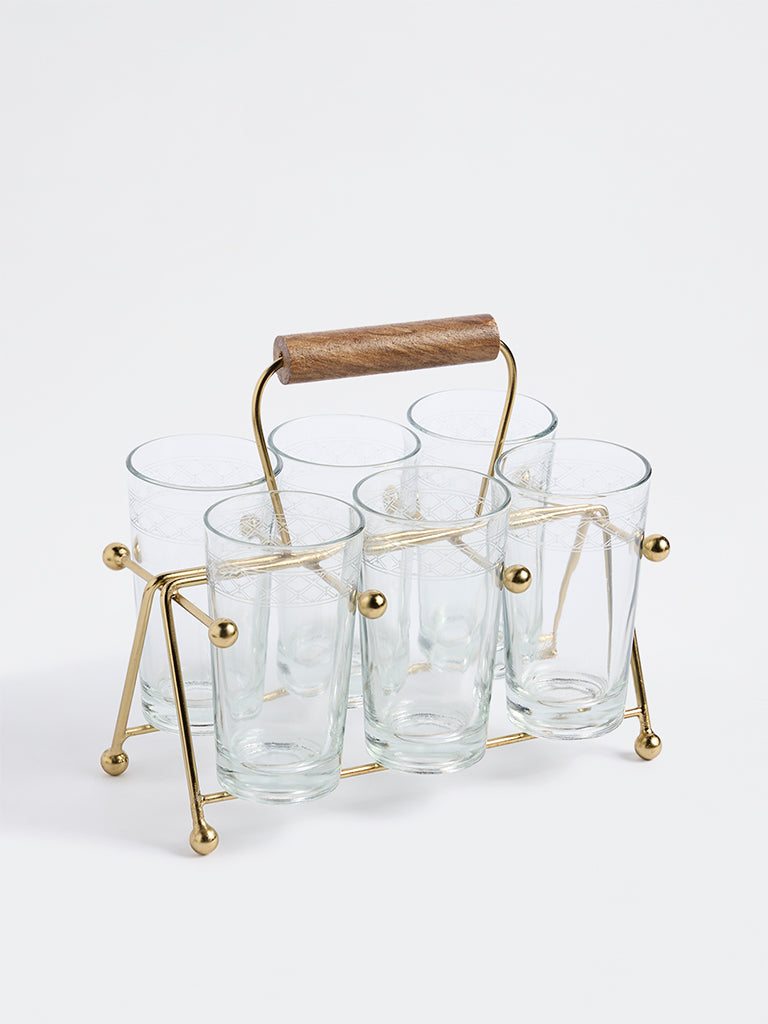Westside Home Gold Metal Chai Caddy with Glasses - Set of 6