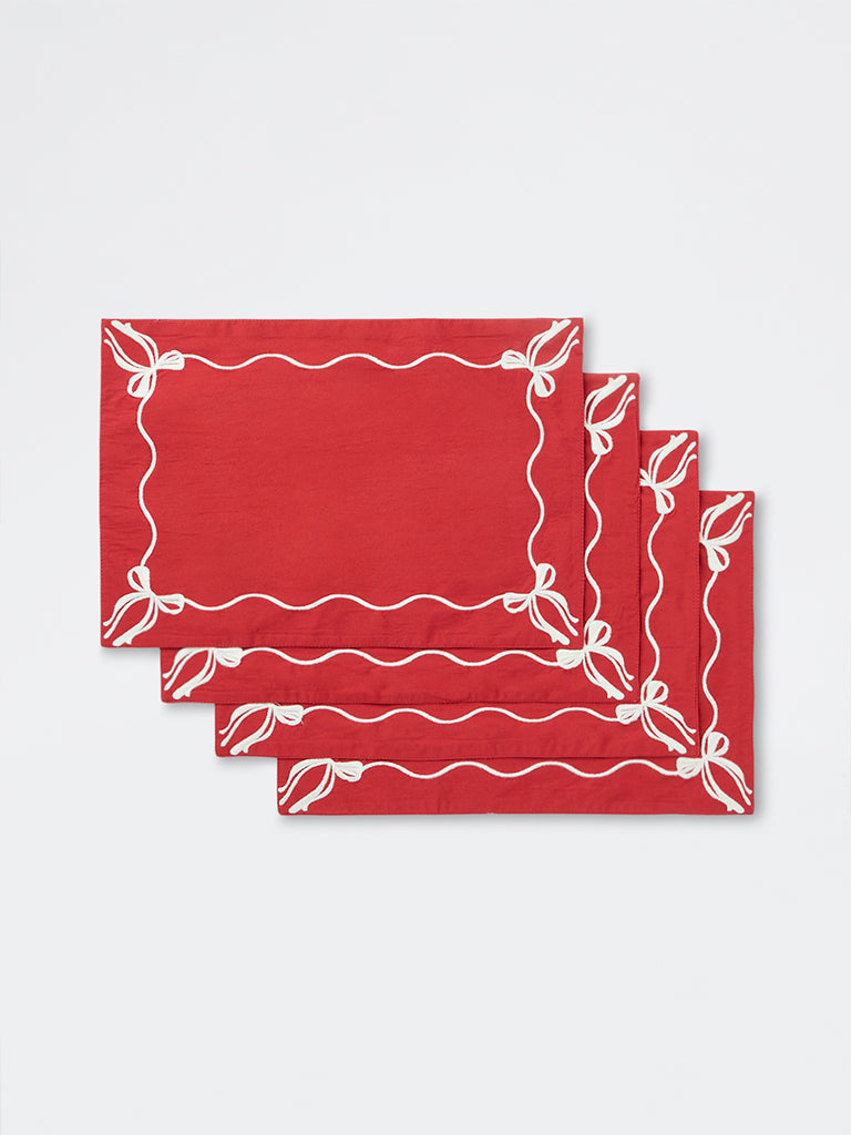 Westside Home Red Bow Embroidered Xmas Placemats - Set of 4