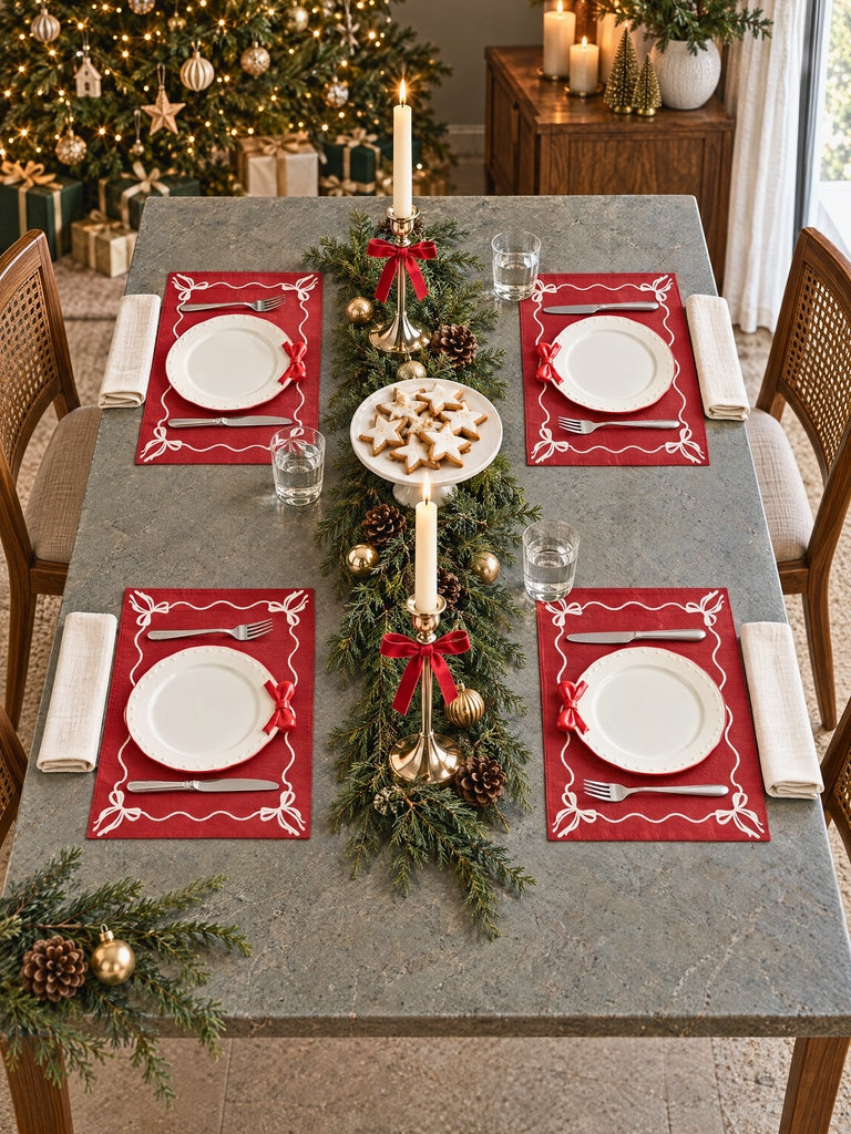 Westside Home Red Bow Embroidered Xmas Placemats - Set of 4