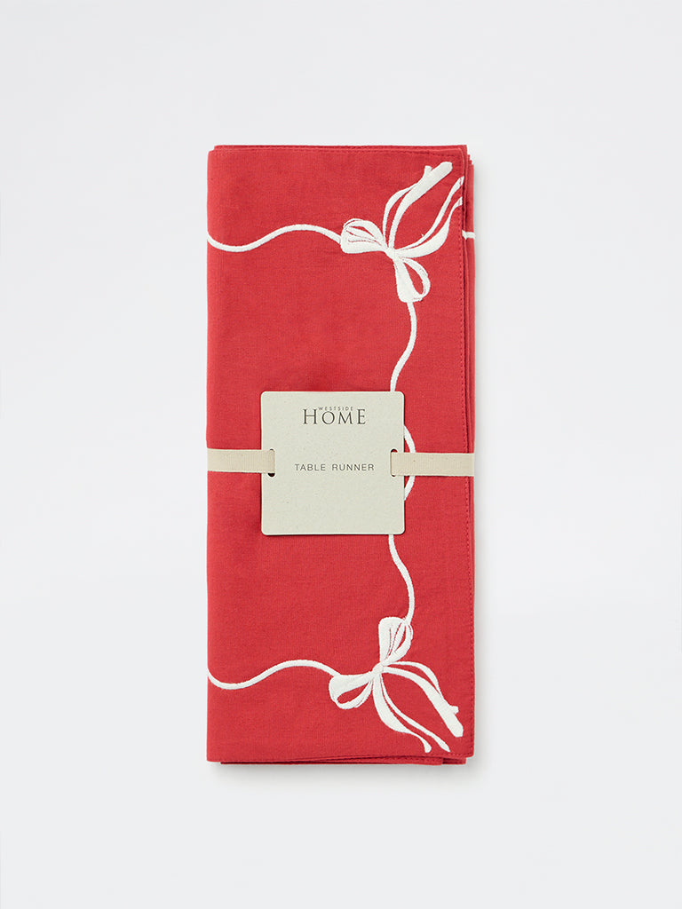 Westside Home Red Bow Embroidered Xmas Table Runner