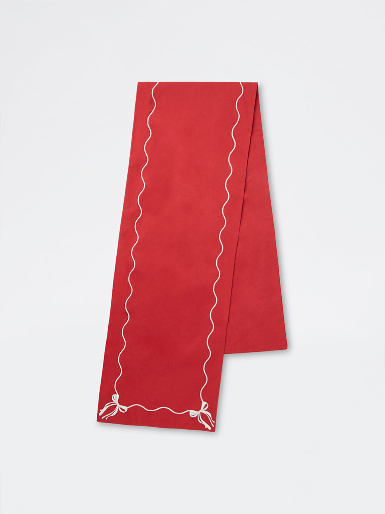 Westside Home Red Bow Embroidered Xmas Table Runner