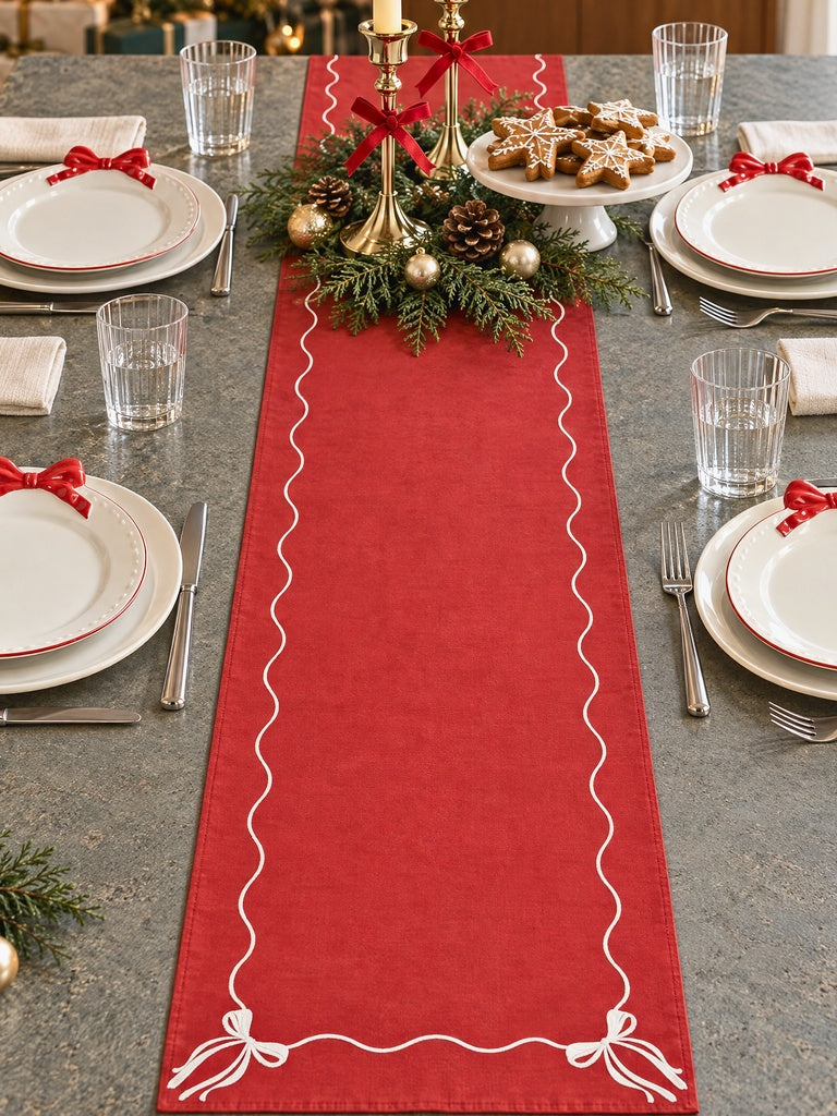 Westside Home Red Bow Embroidered Xmas Table Runner