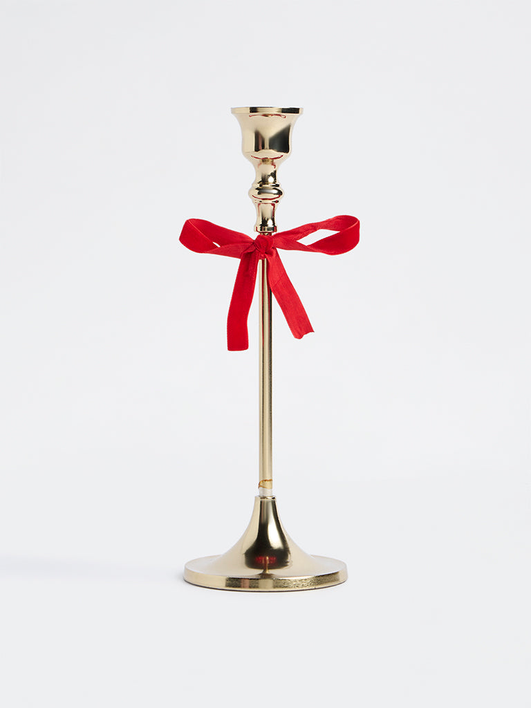 Westside Home Gold Ribbon-Detail Xmas Taper Candle Holder