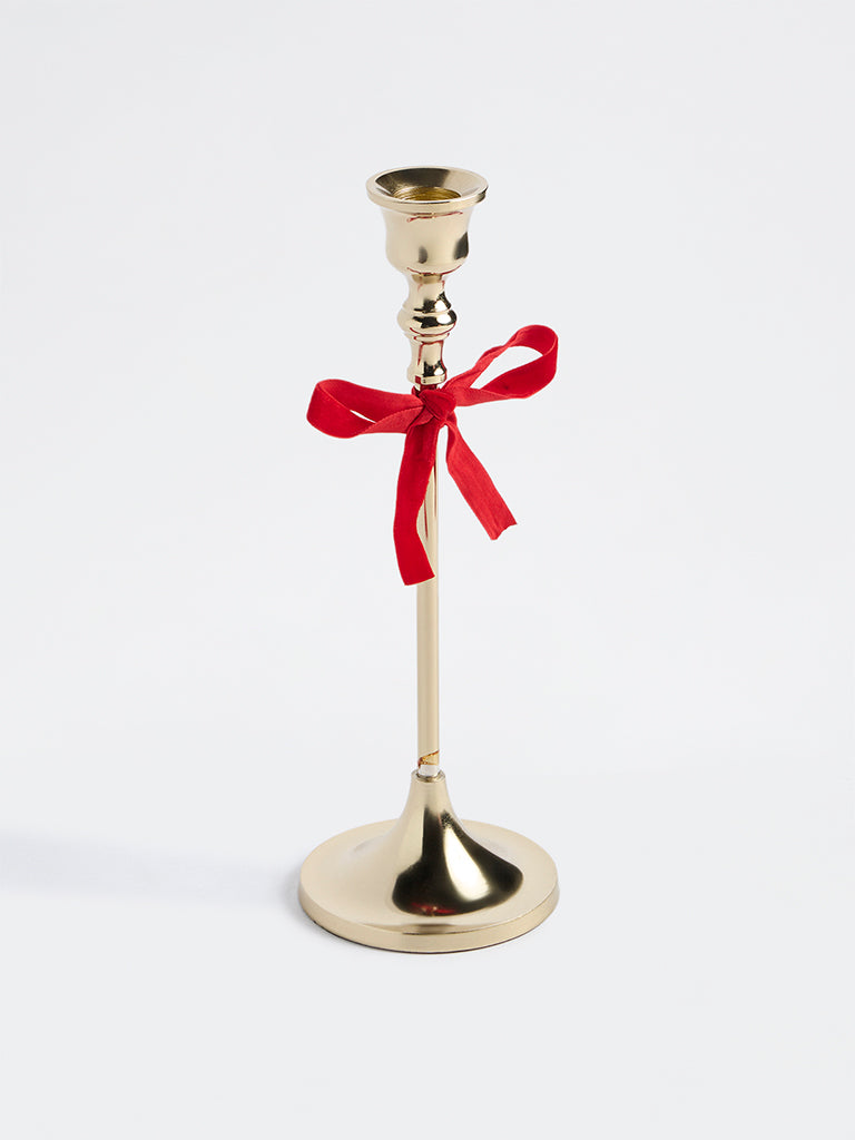 Westside Home Gold Ribbon-Detail Xmas Taper Candle Holder