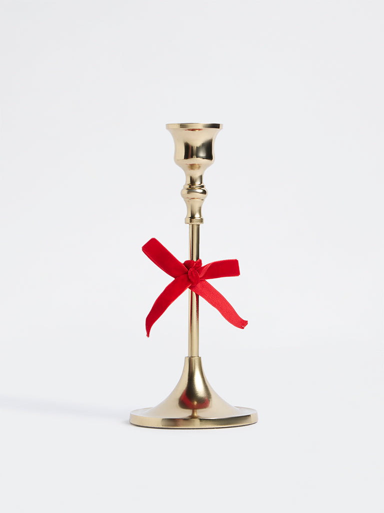 Westside Home Gold Ribbon-Detail Xmas Taper Candle Holder