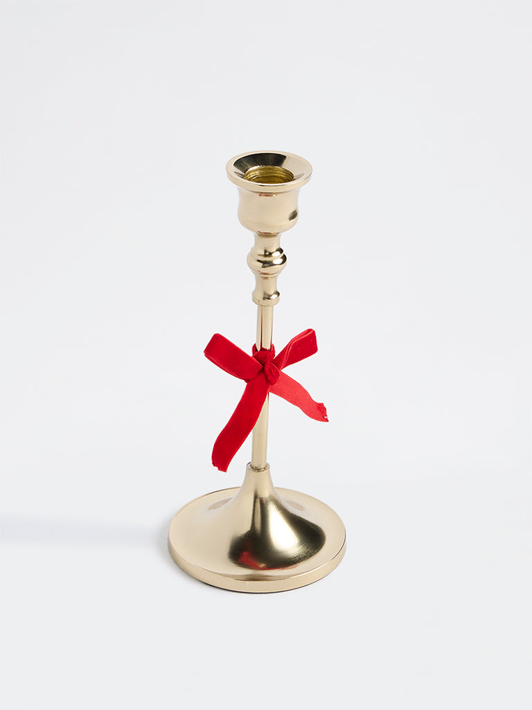 Westside Home Gold Ribbon-Detail Xmas Taper Candle Holder