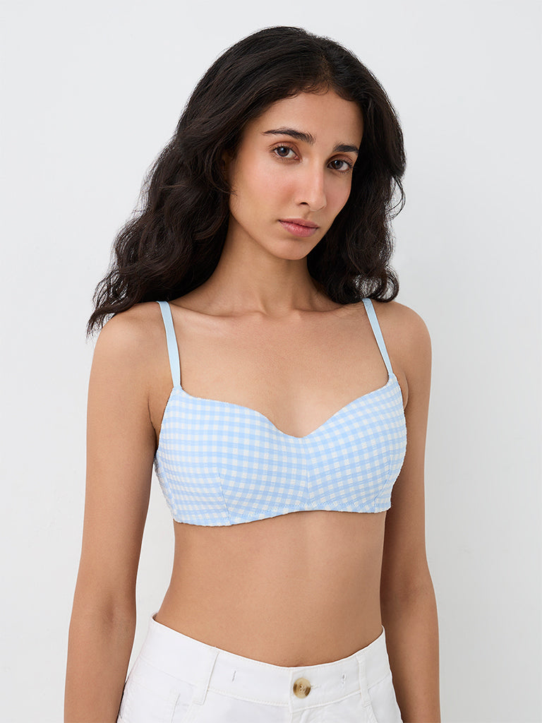 Superstar Light Blue Gingham Checkered Padded Bra