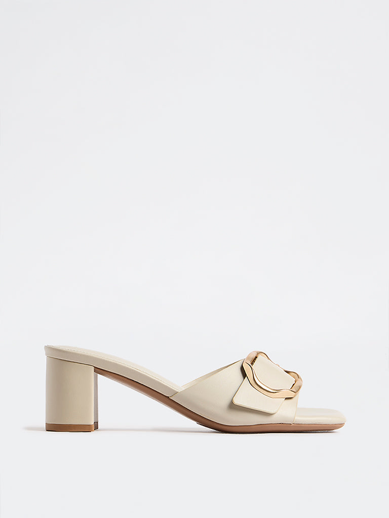 LUNA BLU Ivory Buckle-Detailed Block Heel Sandals