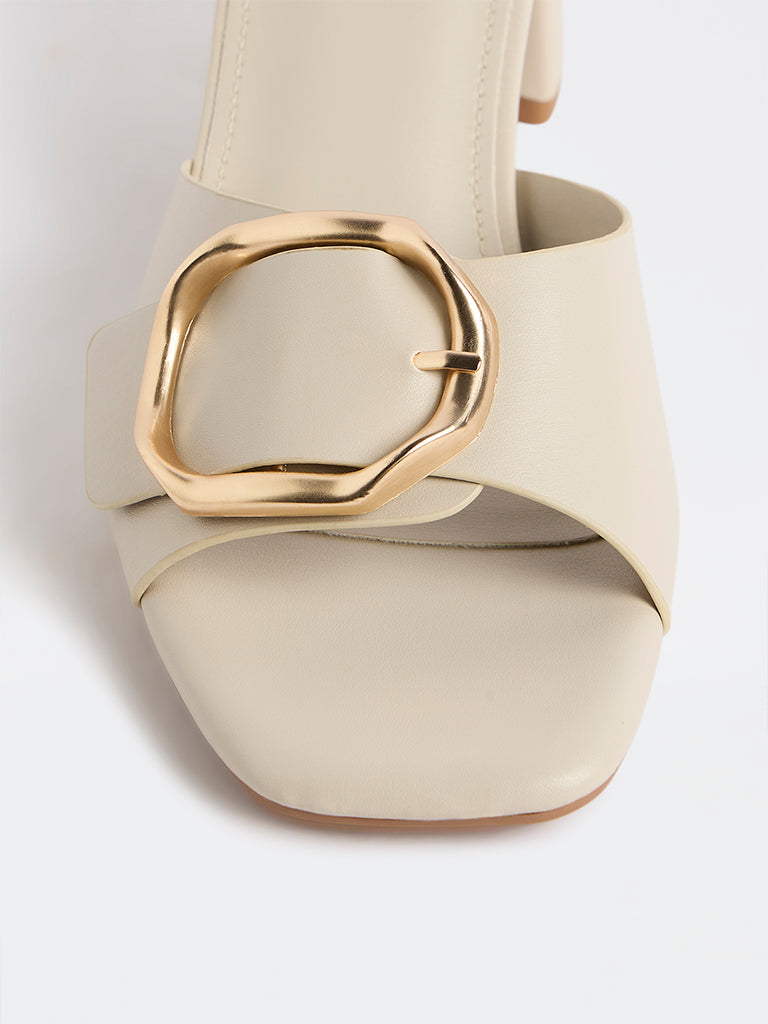 LUNA BLU Ivory Buckle-Detailed Block Heel Sandals