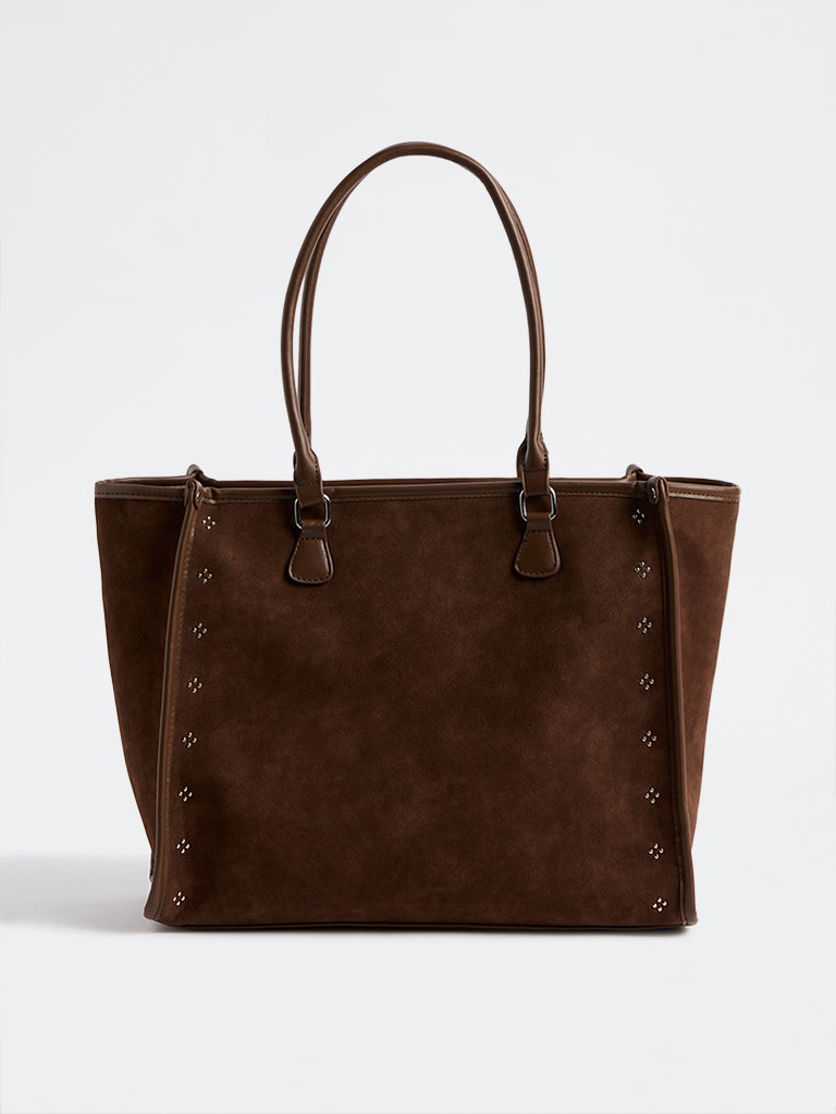Westside Brown Stud-Detailed Suede Tote Bag