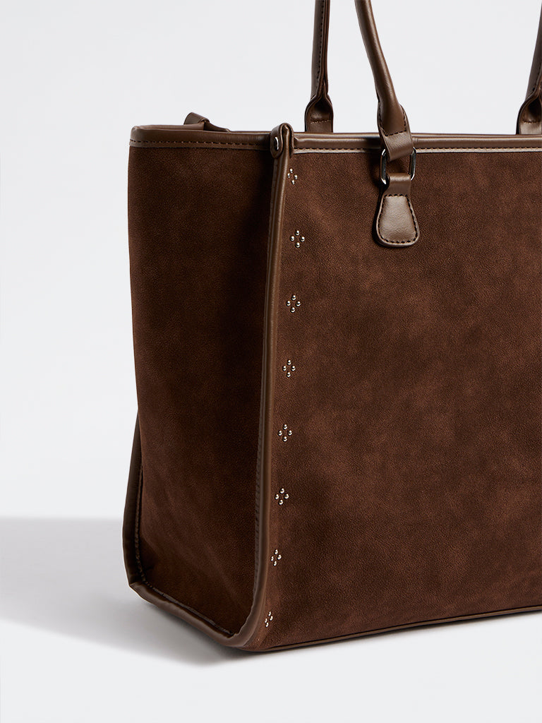 Westside Brown Stud-Detailed Suede Tote Bag