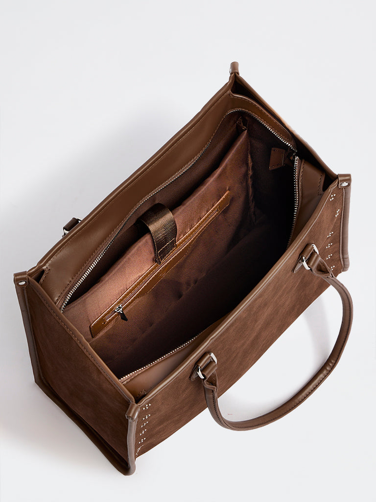 Westside Brown Stud-Detailed Suede Tote Bag