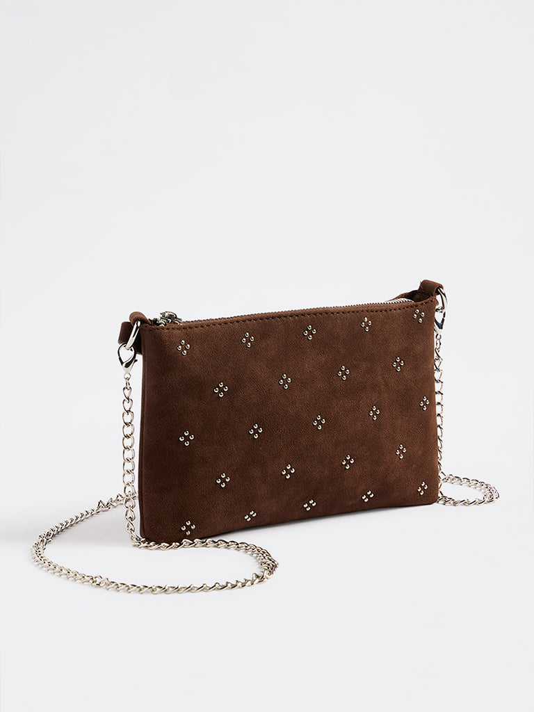 Westside Dark Brown Stud-Detailed Shoulder Bag with Sling Handle