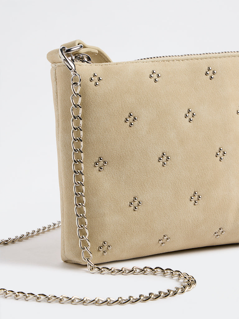 Westside Cream Stud-Detailed Shoulder Bag with Sling Handle