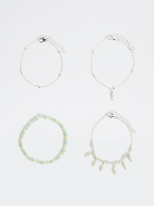 Westside Accessories Green and Silver Beaded Chain Bracelets - Pack of 4