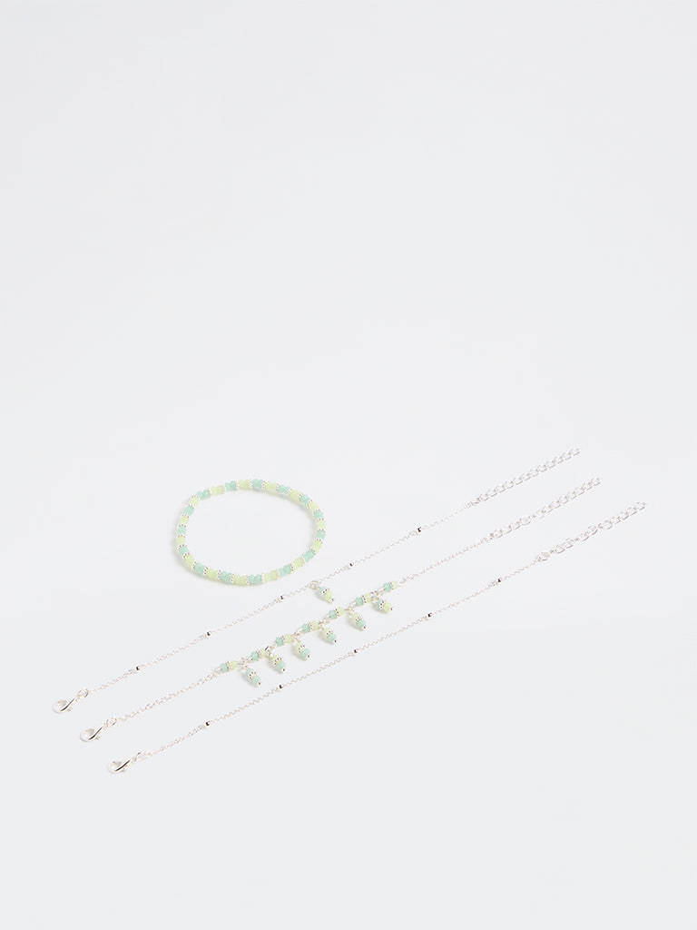 Westside Accessories Green and Silver Beaded Chain Bracelets - Pack of 4