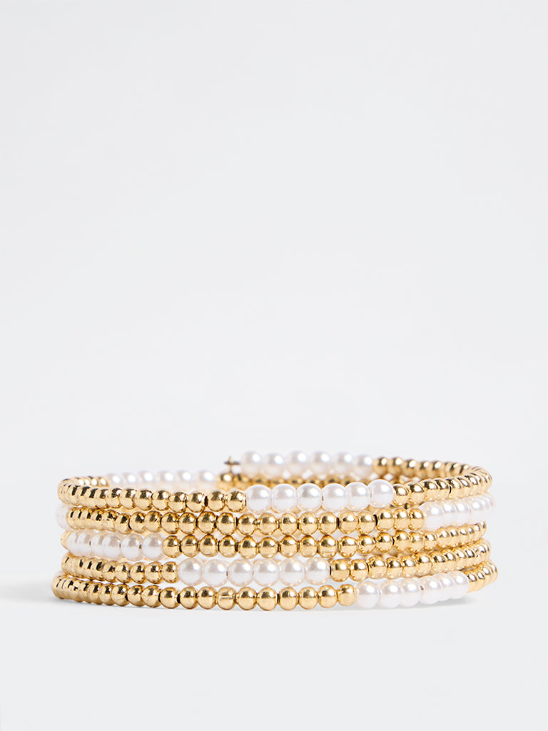 Westside Accessories Gold Beaded and Pearl Coiled Bracelet