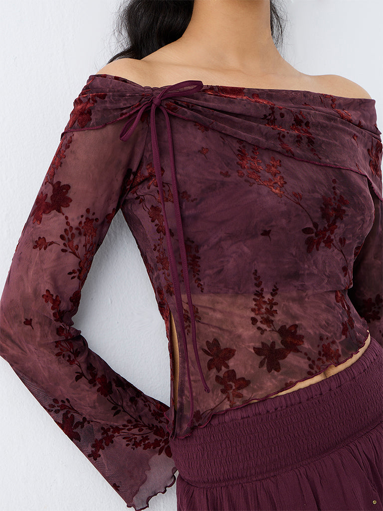 Nuon Dark Plum Floral Printed Off-Shoulder Top