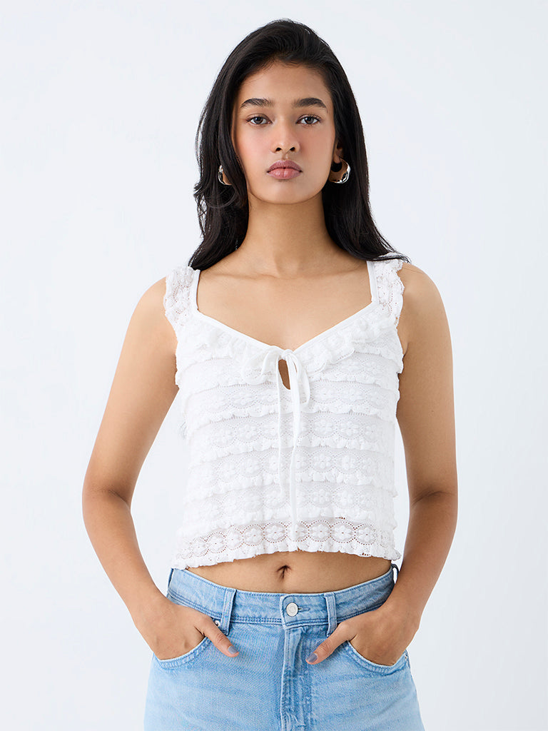 Nuon White Floral Lace Tie-Up Top