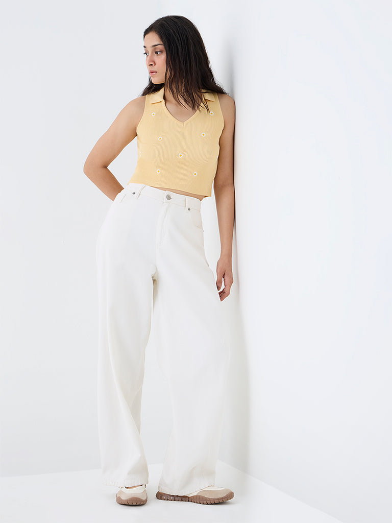 Nuon Yellow Floral Embroidered Ribbed Top