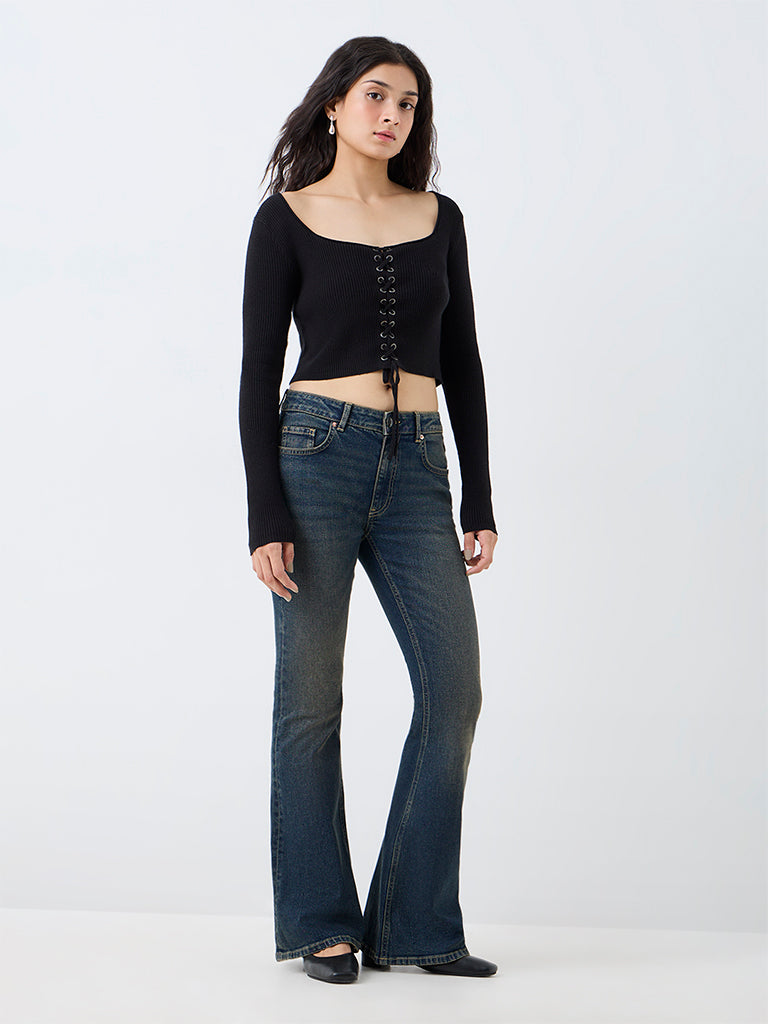 Nuon Black Criss-Cross Detail Ribbed Top