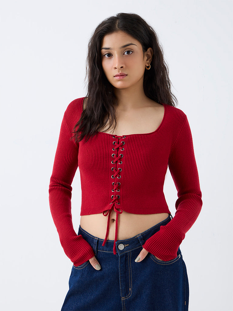 Nuon Red Criss-Cross Detail Ribbed Top