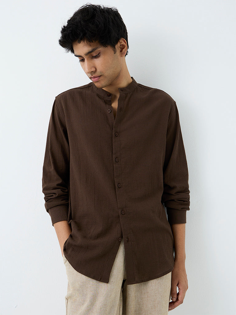 ETA Dark Brown Crinkle-Textured Relaxed-Fit Cotton Shirt