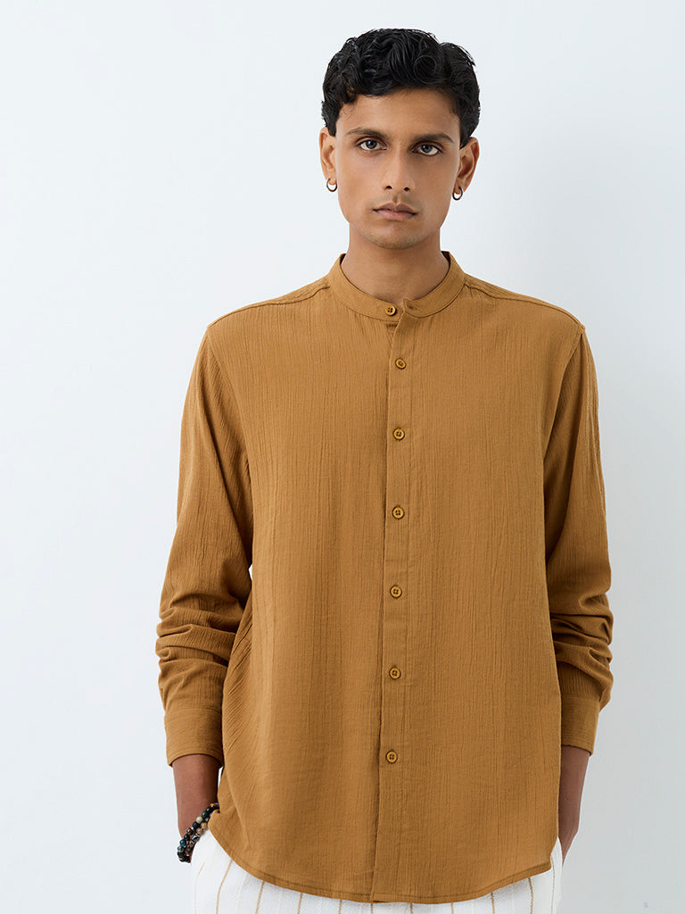ETA Mustard Crinkle-Textured Relaxed-Fit Cotton Shirt