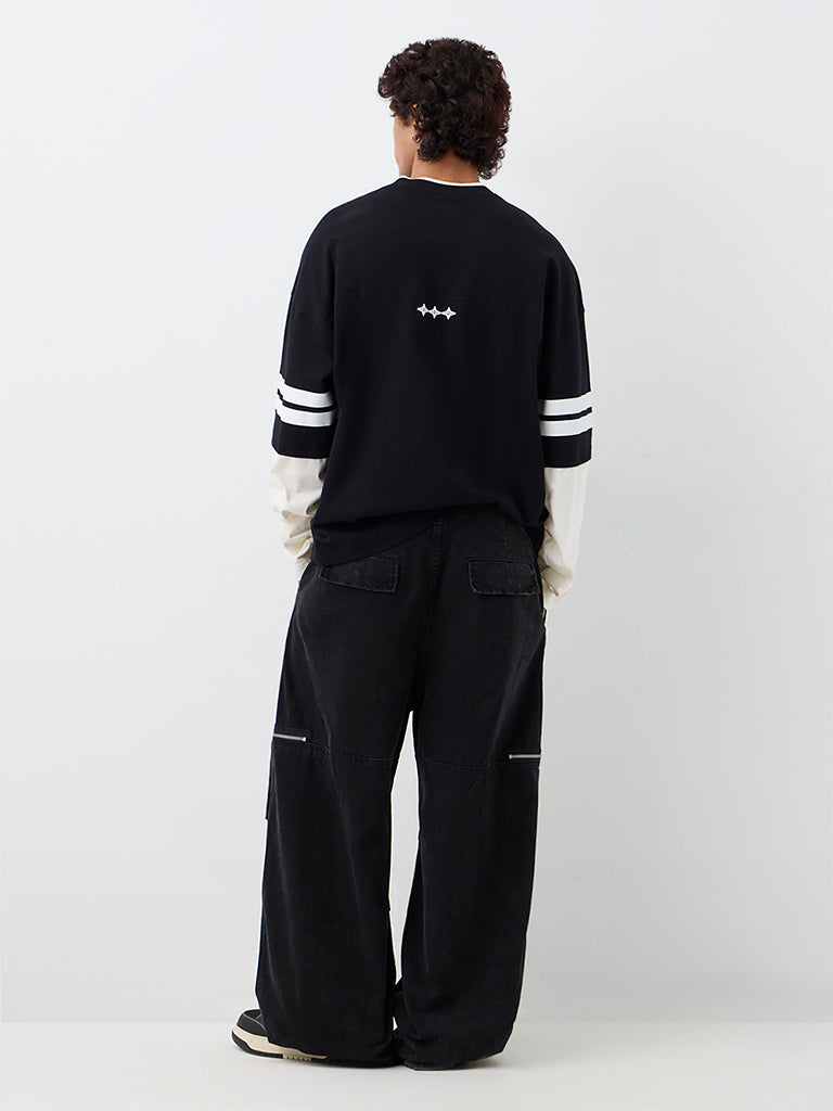 Nuon Black Panelled Relaxed-Fit Mid-Rise Cargo Jeans