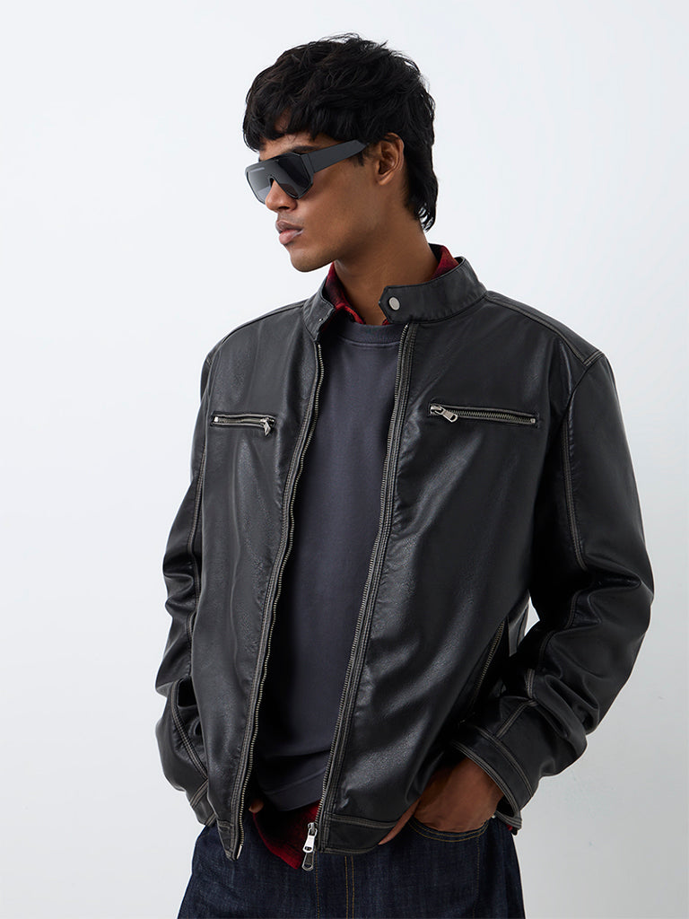 Nuon Black Relaxed-Fit Faux Leather Biker Jacket