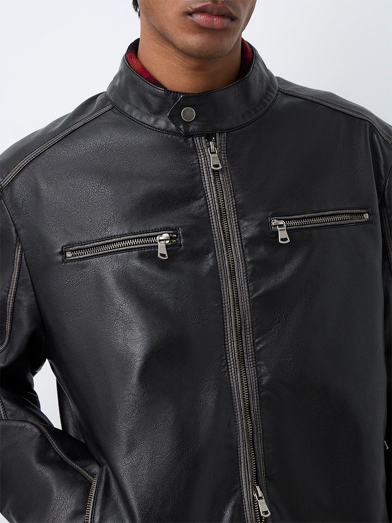 Nuon Black Relaxed-Fit Faux Leather Biker Jacket