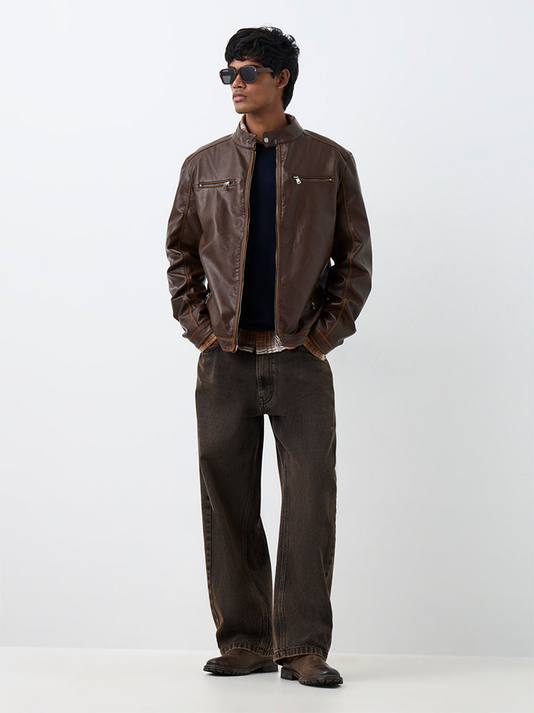 Nuon Dark Brown Relaxed-Fit Faux Leather Biker Jacket