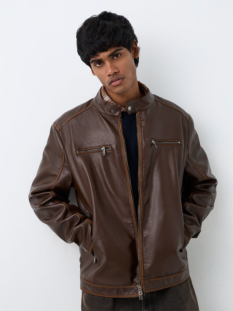 Nuon Dark Brown Relaxed-Fit Faux Leather Biker Jacket