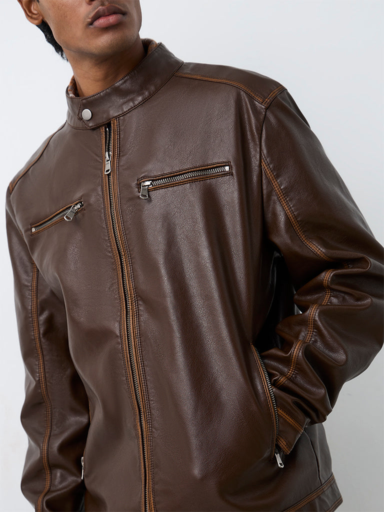 Nuon Dark Brown Relaxed-Fit Faux Leather Biker Jacket