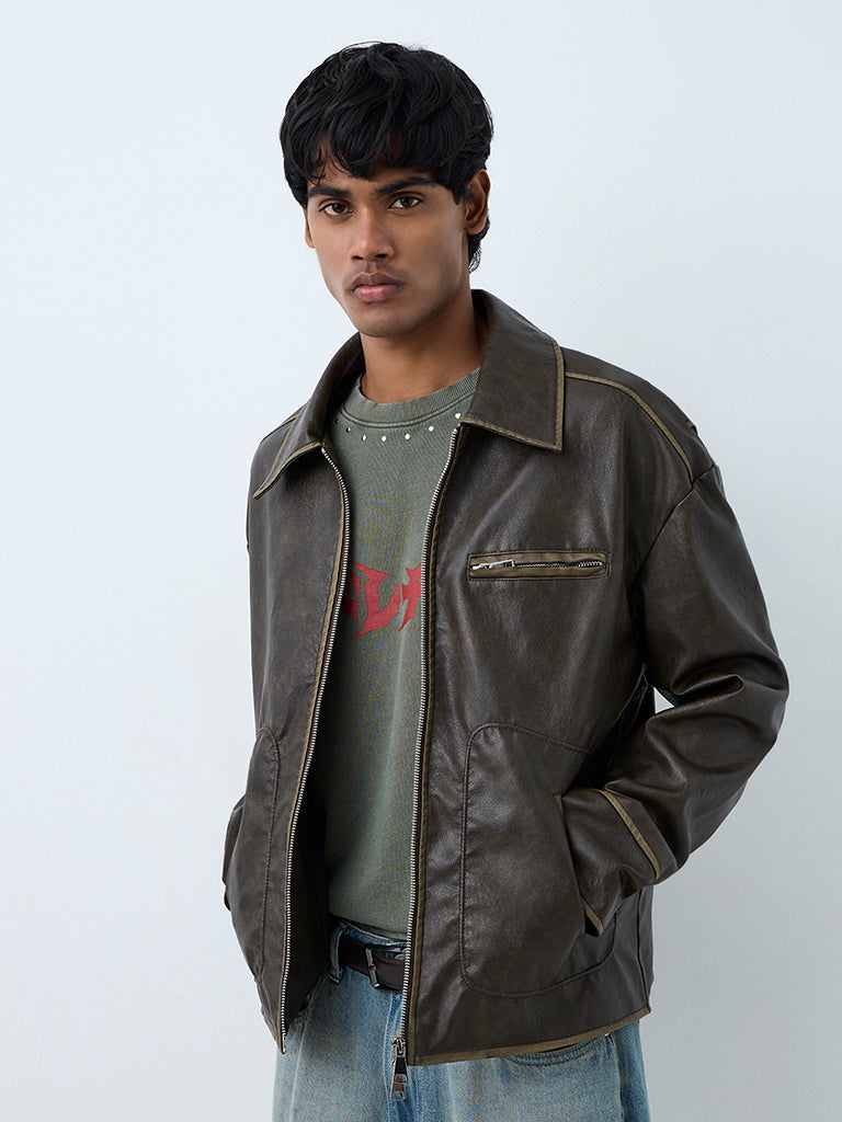 Nuon Dark Brown Washed-Effect Relaxed-Fit Faux Leather Jacket