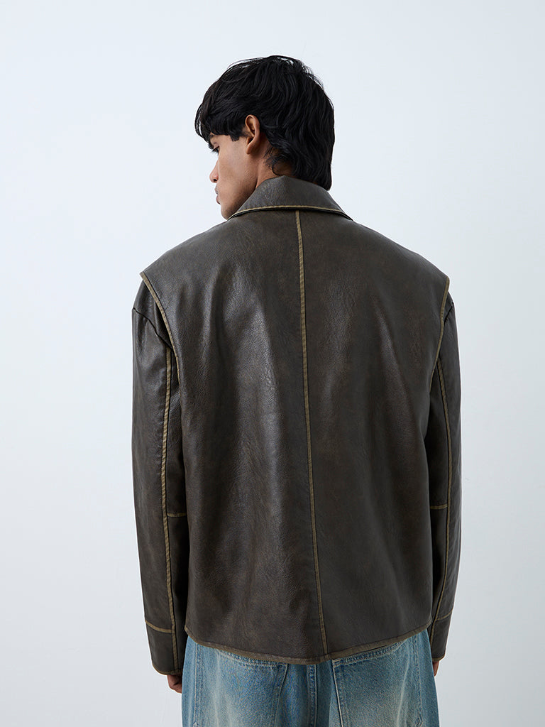 Nuon Dark Brown Washed-Effect Relaxed-Fit Faux Leather Jacket