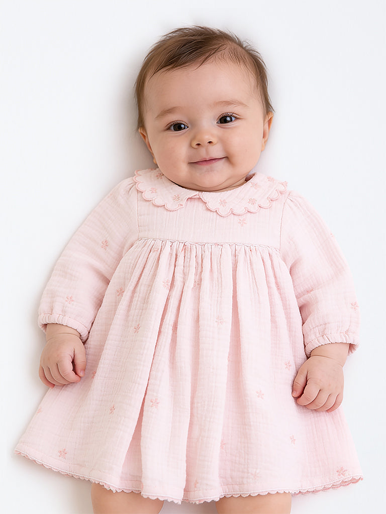 HOP Baby Girls Pink Crinkle-Textured Cotton Empire-Line Dress