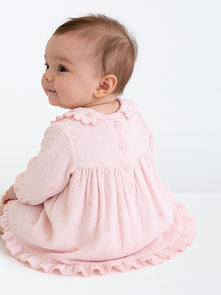 HOP Baby Girls Pink Crinkle-Textured Cotton Empire-Line Dress