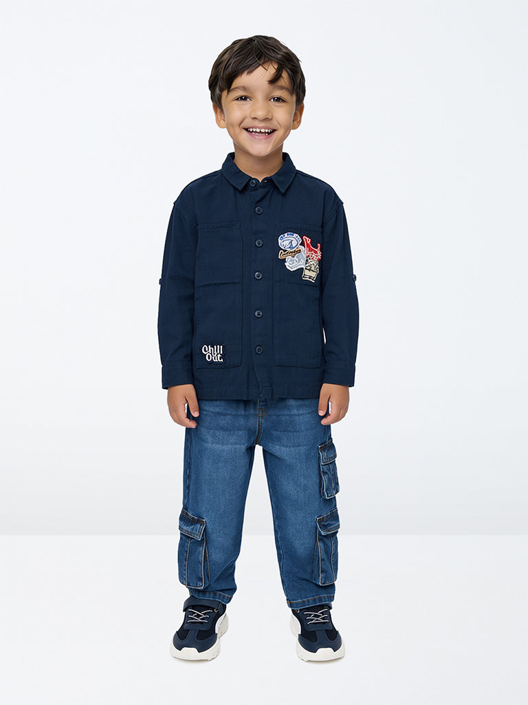 HOP Kids Boys Dark Blue Washed Mid-Rise Cargo Jeans