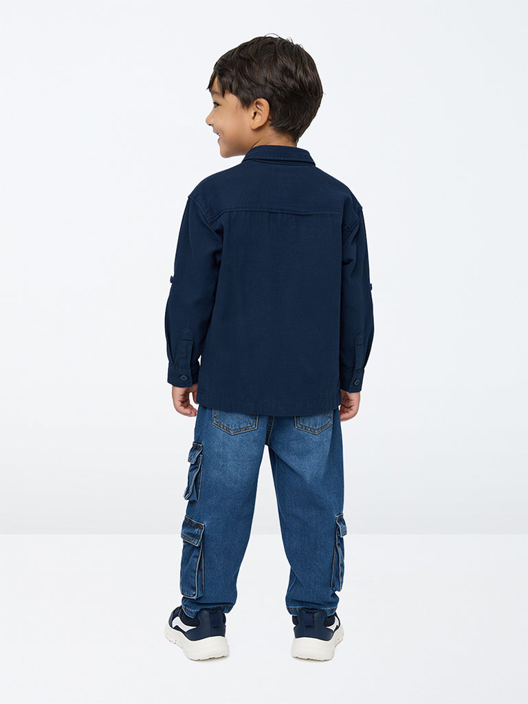 HOP Kids Boys Dark Blue Washed Mid-Rise Cargo Jeans