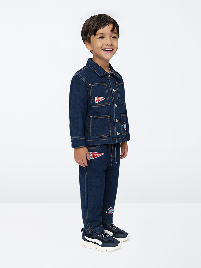 HOP Kids Boys Dark Blue Patch-Detail Mid-Rise Relaxed-Fit Jeans