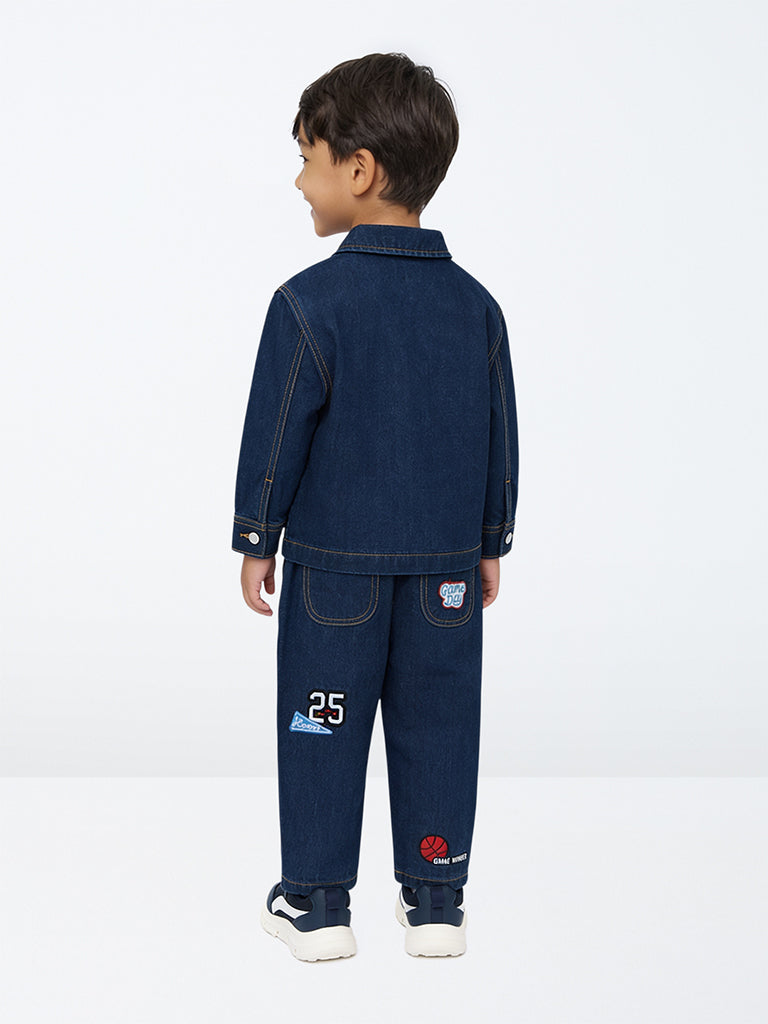 HOP Kids Boys Dark Blue Patch-Detail Mid-Rise Relaxed-Fit Jeans