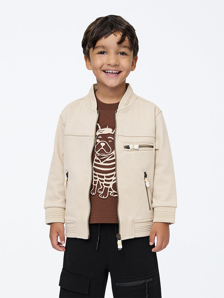 HOP Kids Boys Light Beige Solid Suede Jacket