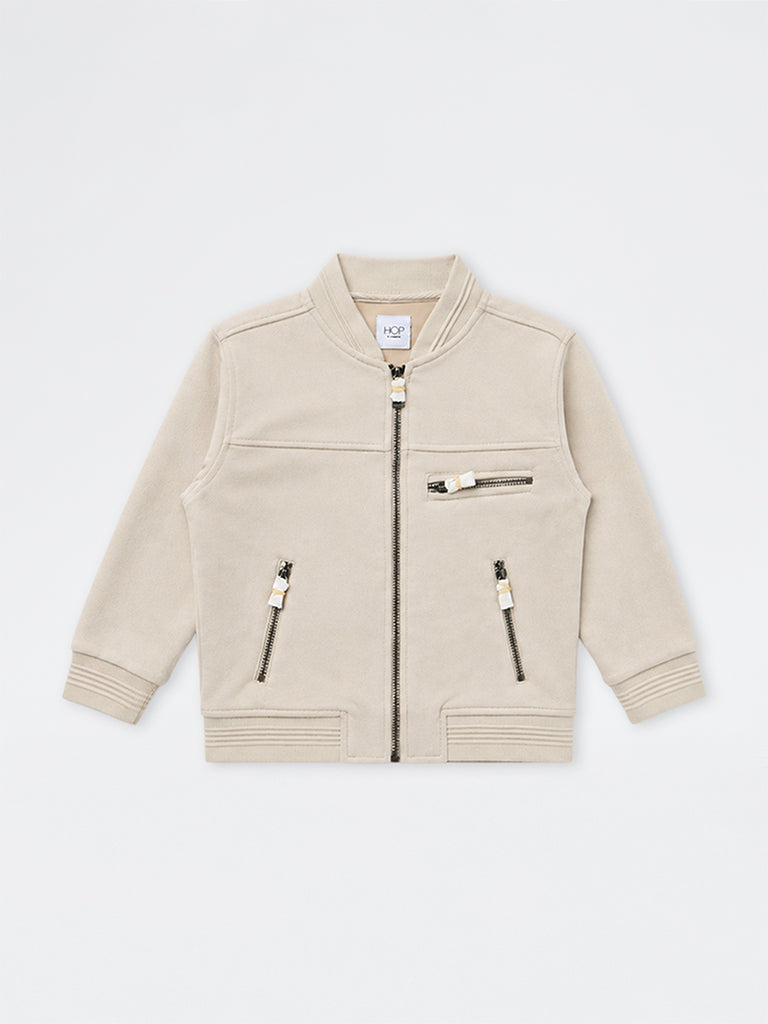 HOP Kids Boys Light Beige Solid Suede Jacket
