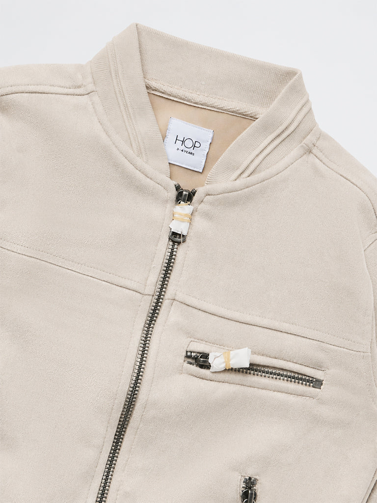HOP Kids Boys Light Beige Solid Suede Jacket