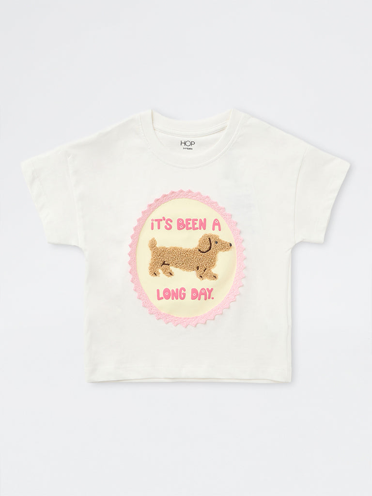 HOP Kids Girls Off-White Dog Design Cotton T-Shirt