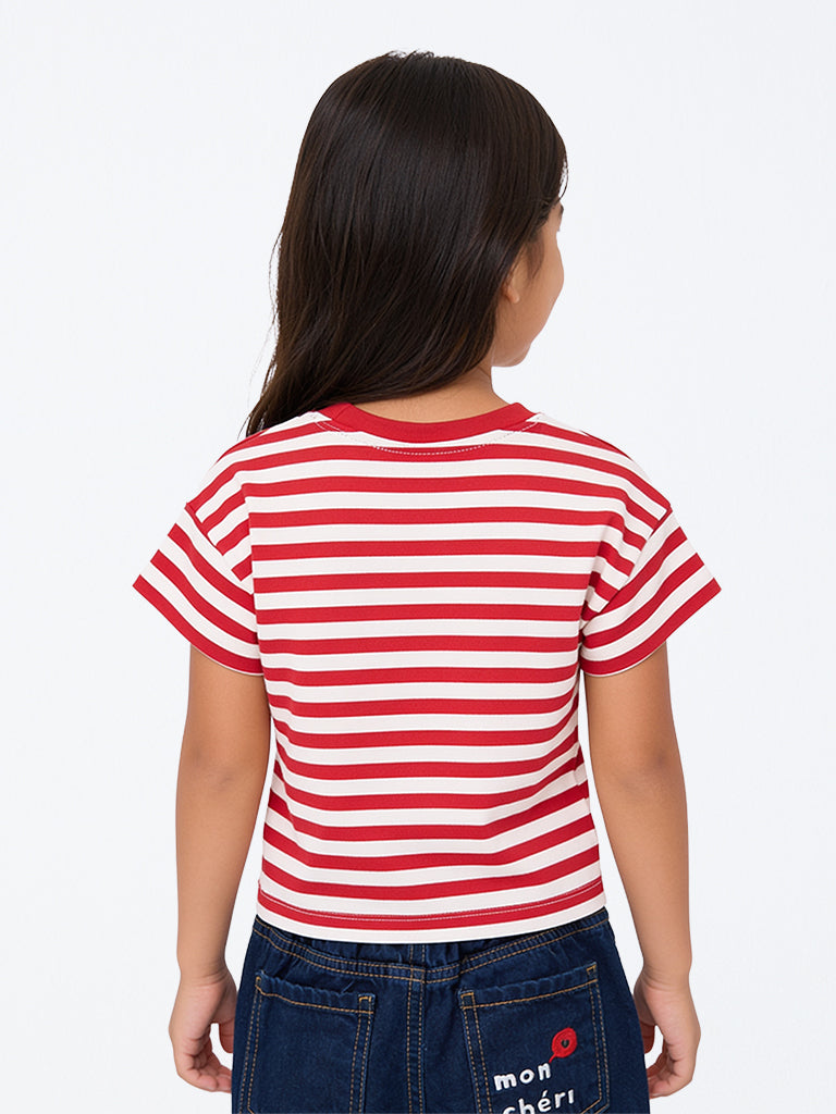 HOP Kids Girls Red Striped Cotton T-Shirt